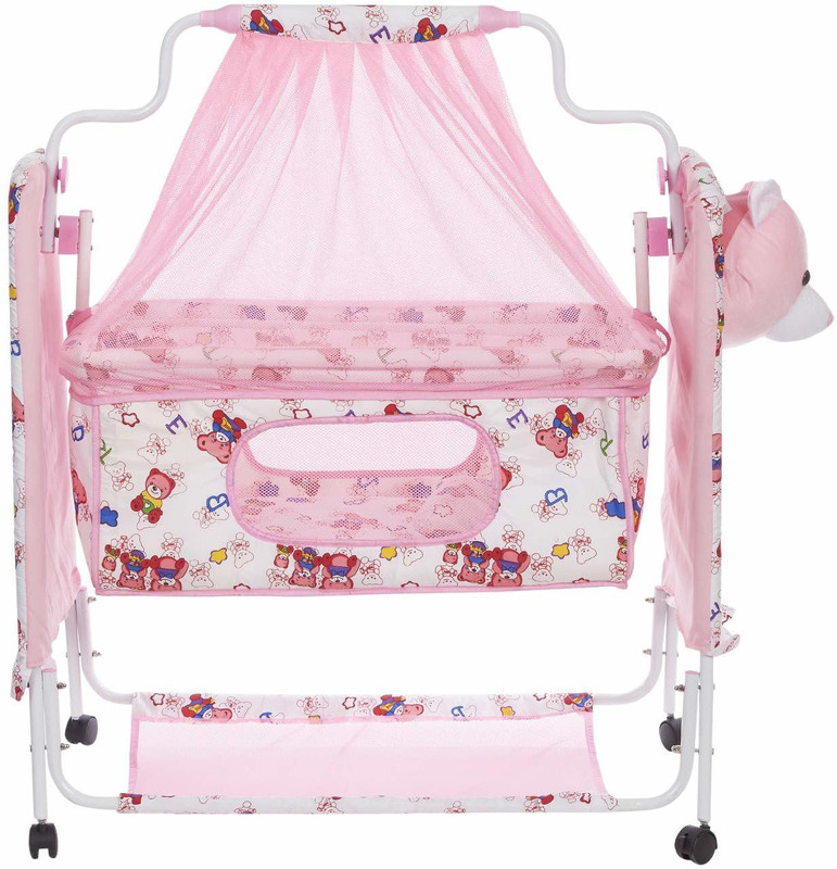 Fun Baby New Born Baby Pink Cradle with Mosquito Net, Pillow and Wheels(Pink)