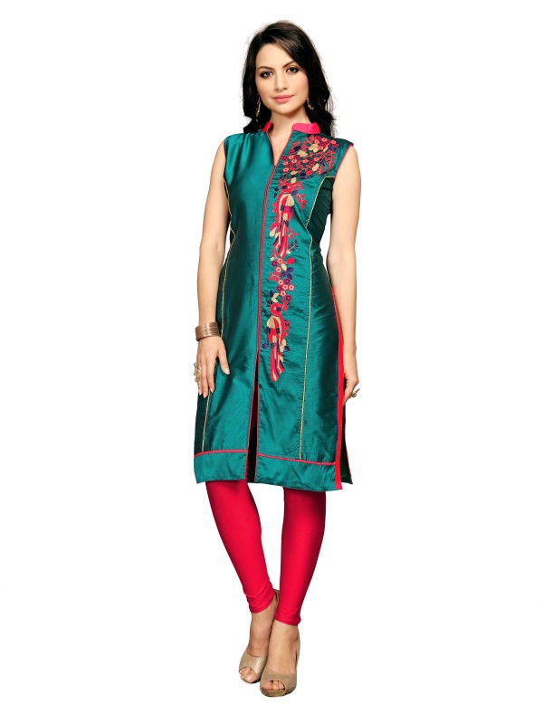 Happy Cerations Casual Embroidered Women Kurti(Blue)