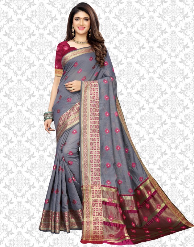 Divastri Woven, Embellished Banarasi Jacquard, Cotton Silk Saree(Pink, Grey)
