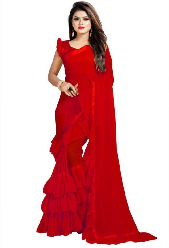 Queenswear Creation Embellished, Solid Bollywood Georgette, Pure Georgette, Poly Georgette Saree(Red)