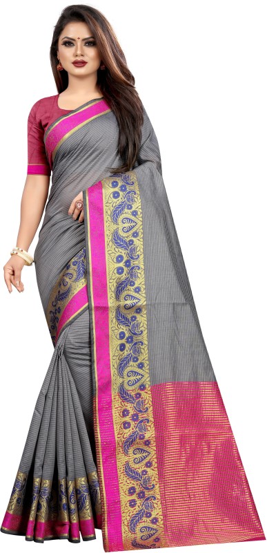 Kavya Fashion Woven Banarasi Raw Silk Saree(Pink, Grey)