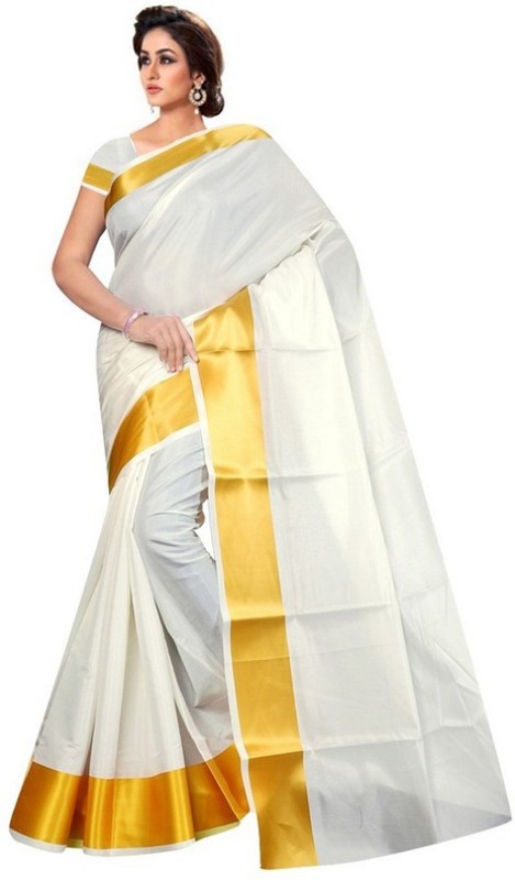 VICHARAN Solid Bollywood Pure Silk Saree(White, Gold)