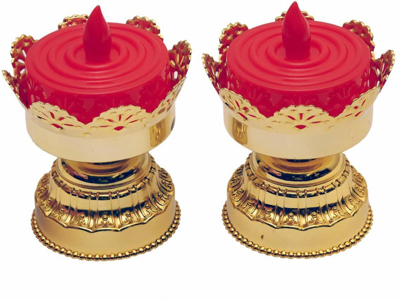 HomeFast Battery Operated Red & Gold LED Bulb Lights Diya| Deep | Deepak for Pooja | Puja|Mandir | Diwali Festival Decoration || Pack of 2 Night Lamp(11 cm, Multiclor)
