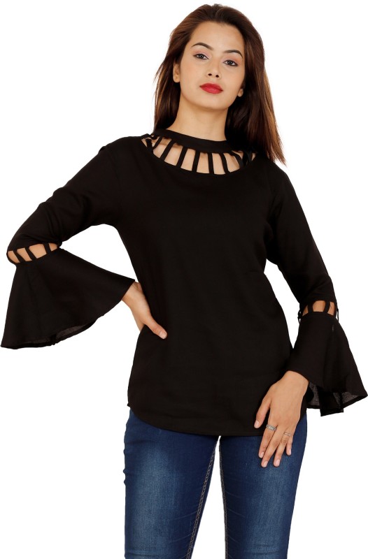Fab Star Casual Bell Sleeve Solid Women Black Top