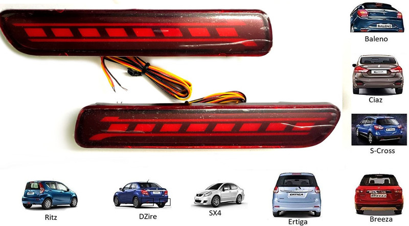 EliteAuto Car Reflector LED Brake Light for Bumper Rear/Back Drl with wiring for Maruti Suzuki Baleno/Breeza/Ciaz/Ertiga/New Swift Dzire/Scross/Ritz/SX4 and all Other suzuki models Car Reflector Light(Red)