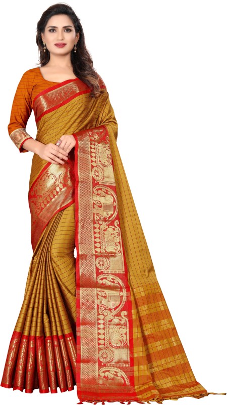 DOLVIA Woven Fashion Cotton Silk Saree(Red, Yellow)