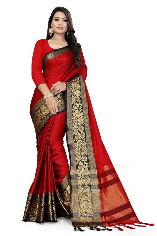 DOLVIA Woven Fashion Cotton Silk Saree(Red, Black)