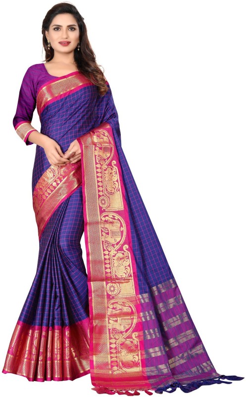 DOLVIA Woven Fashion Cotton Silk Saree(Purple, Blue)
