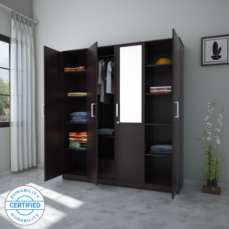 Flipkart Perfect Homes Julian Engineered Wood 4 Door Wardrobe(Finish Color - Pearl Wenge, Mirror Included) Flipkart Perfect Homes Julian Engineered Wood 4 Door Wardrobe(Finish Color - Pearl Wenge, Mirror Included)