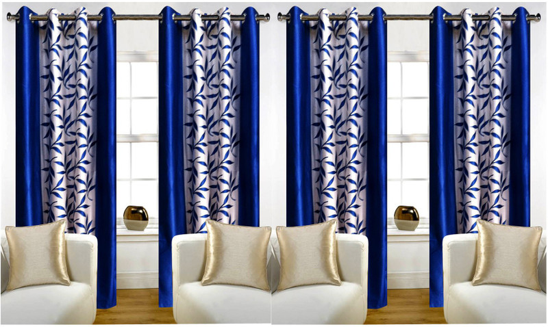 Adimanav 152.4 cm (5 ft) Window Polyester Blackout Curtain (Pack Of 4)(Blue, Floral)