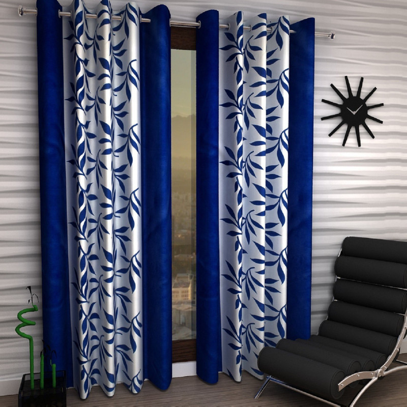 Adimanav 213.36 cm (7 ft) Door Polyester Curtain (Pack Of 2)(Blue, Floral)
