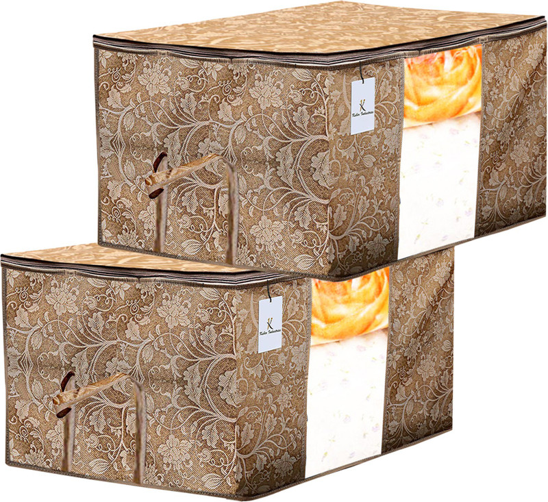 Billion Designer Metalic Printed 2 Piece Non Woven Underbed Storage Bag,Storage Organiser,Blanket Cover with Transparent Window ,Extra Large, Beige BILLION034472(Beige)
