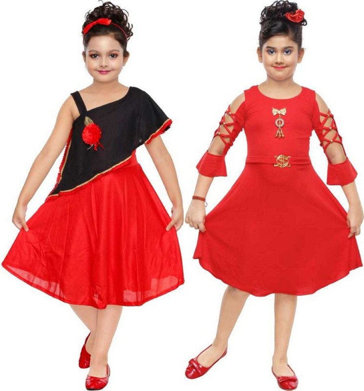 FTC FASHIONS Girls Midi/Knee Length Festive/Wedding Dress(Red, 3/4 Sleeve)