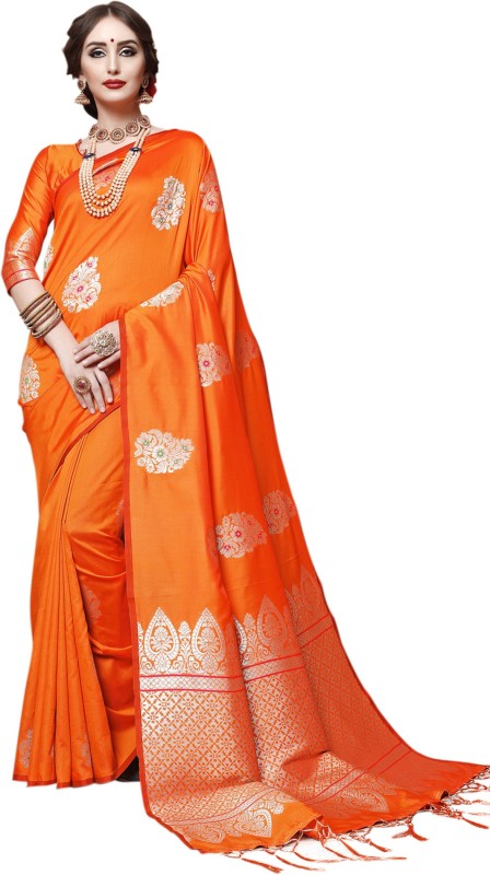 Saara Woven, Embellished Kanjivaram Silk Blend, Jacquard Saree(Orange)