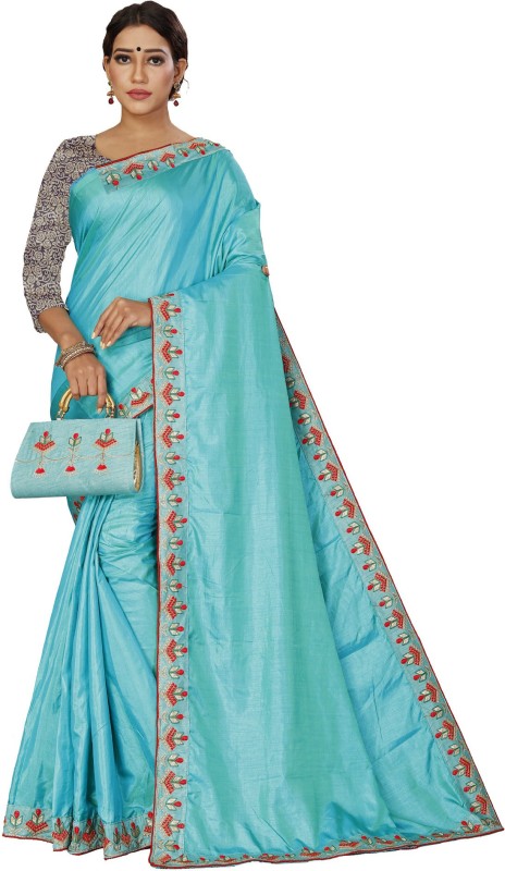 Niyom Embroidered Fashion Pure Silk Saree(Light Blue)