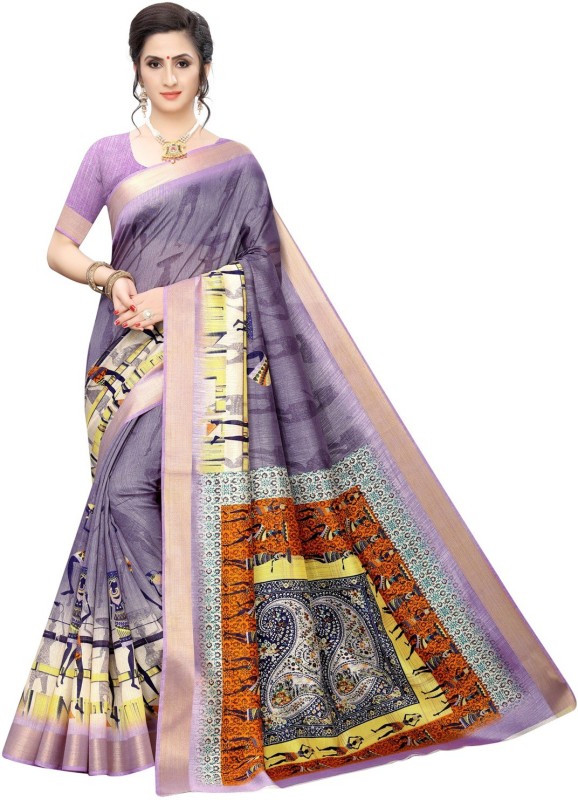 MISILY Printed Bollywood Cotton Blend, Poly Silk Saree(Purple, Yellow)