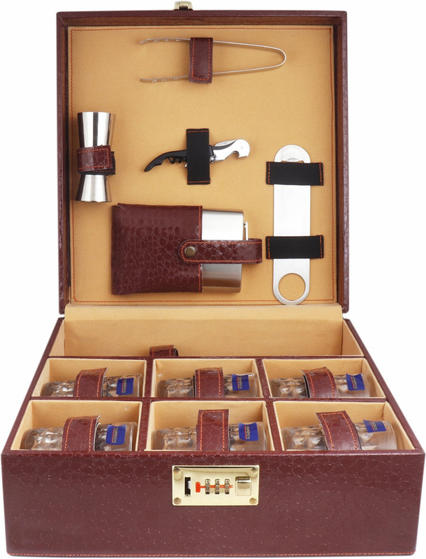 BLB Borsi leathers 6 glasses brown bar set premium bottle Opener handy-GPBLBRCS001 11 - Piece Bar Set(Wooden)