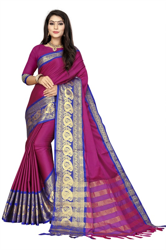 DELIZIA Woven Fashion Cotton Silk Saree(Purple, Blue)
