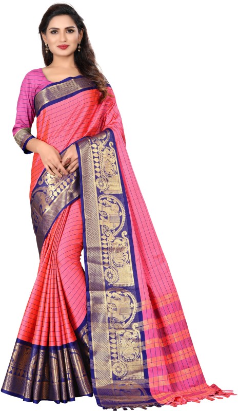 BRIDON Woven Fashion Cotton Silk Saree(Blue, Pink)