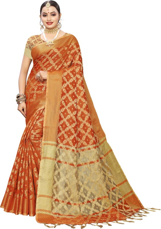 Samah Embellished, Woven Kanjivaram Silk Blend, Jacquard Saree(Orange)