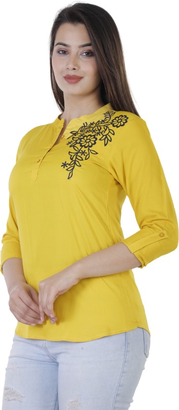 Silkova Casual Roll-up Sleeve Embroidered Women Yellow Top