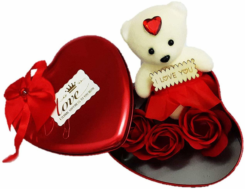 Sia Valentine Gift - 1 Cute Teddy with 3 Roses in Small Heart Shaped Box- Art NO-160  - 4.5 inch(Red)