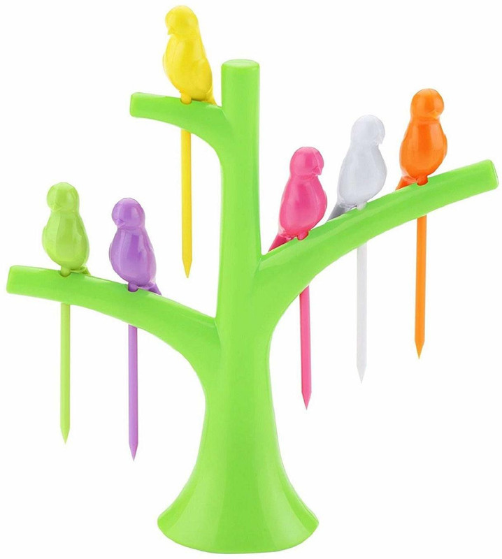 Zenex store Bird Plastic Fruit Fork Pack with Stand, eating fruits 6-Pieces Disposable Plastic Serving Fork(Pack of 1)