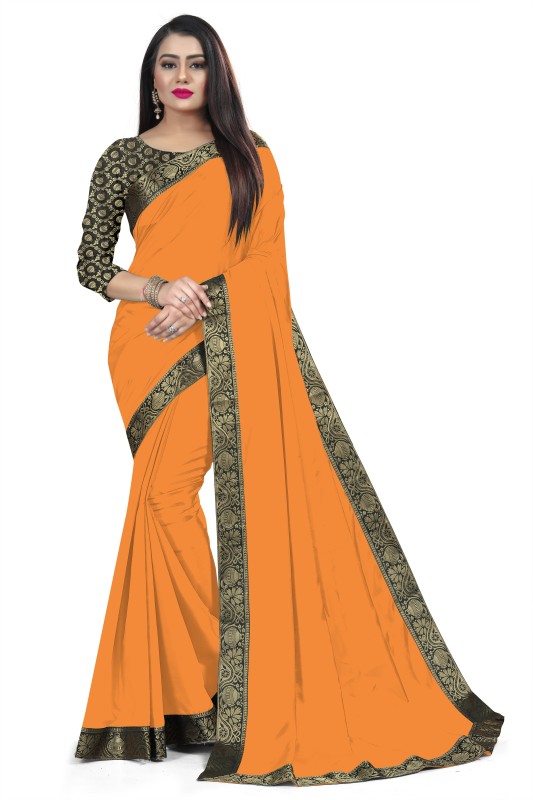 WELLROBED FAB Solid Bollywood Silk Blend, Poly Silk, Cotton Silk Saree(Orange)