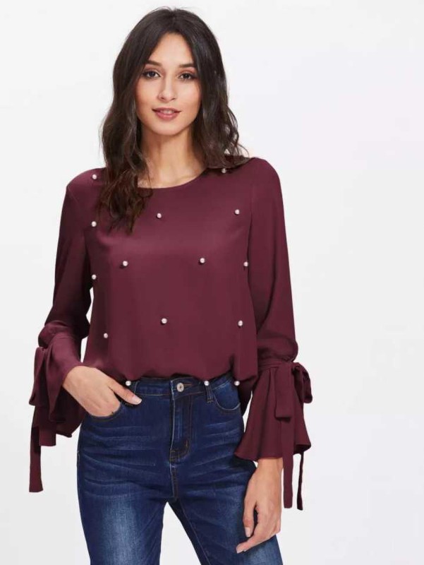MANTRA DESIGNER Party Full Sleeve Embroidered Women Maroon Top