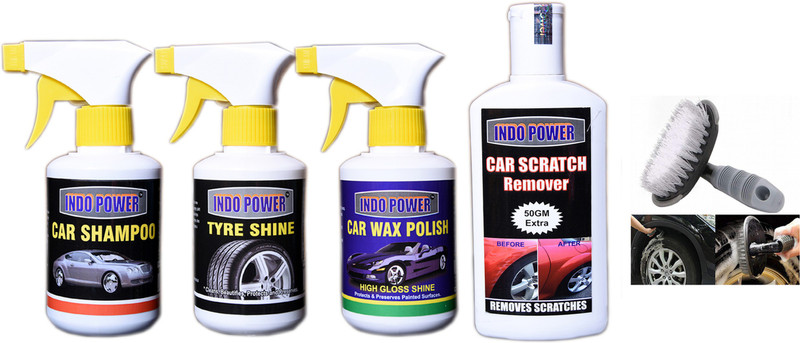 INDOPOWER TYRE SHINER GUN 250ml.+CAR SHAMPOO GUN 250ml.+SCRATCH REMOVER 200gm.+CAR WAX POLISH GUN 250ml.+All Tyre Cleaning Brush Combo