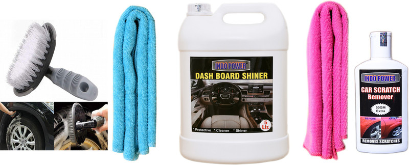 INDOPOWER DASHBOARD SHINER 5ltr + 2PC CAR MICROFIBER CLOTH+ Scratch Remover 200gm.+All Tyre Cleaning Brush Combo