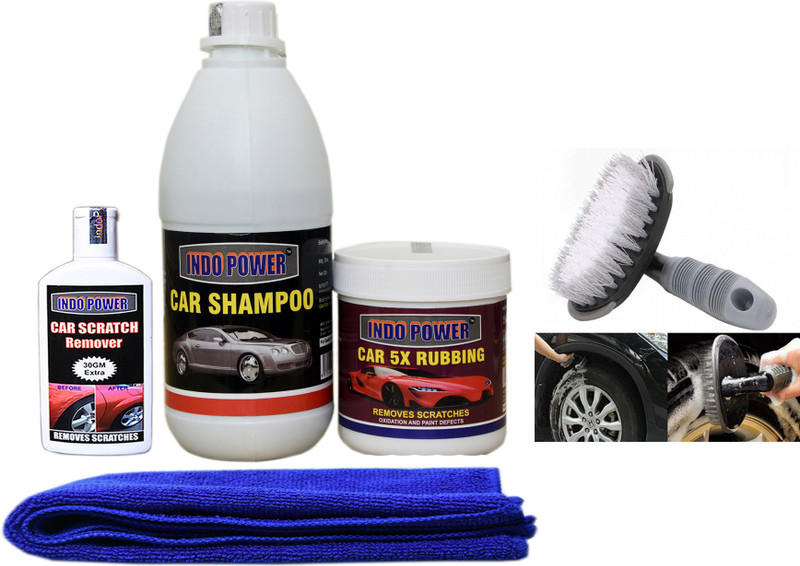 INDOPOWER CAR SHAMPOO 500ml+ CAR 5X RUBBING POLISH 250ml+ scratch remover 100gm. car microfiber cloth+All Tyre Cleaning Brush Combo