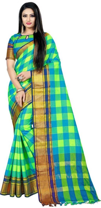 MAHADEVFAB Checkered Banarasi Art Silk, Cotton Silk Saree(Green, Beige)