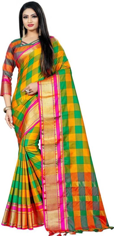 MAHADEVFAB Checkered Banarasi Art Silk, Cotton Silk Saree(Green, Beige, Yellow)