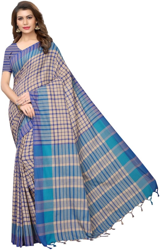Winza Designer Striped, Printed, Woven Daily Wear Cotton Silk, Cotton Blend Saree(Blue)