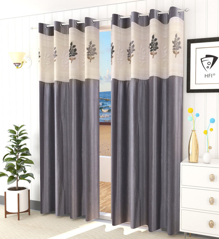 Homefab India 274 cm (9 ft) Long Door Polyester Semi Transparent Curtain (Pack Of 2)(Grey, Floral)