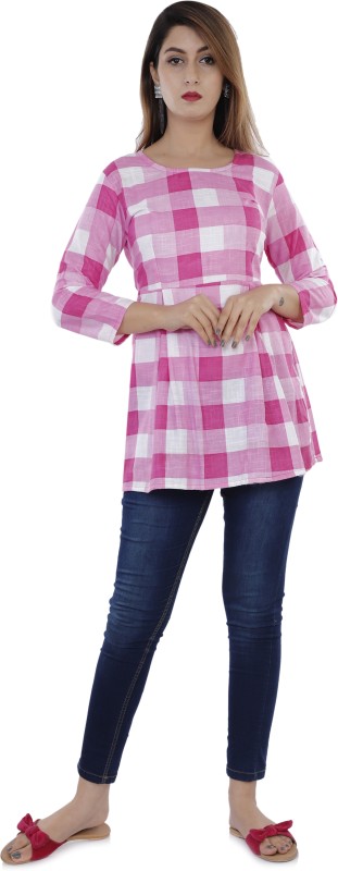 GOD DM Casual 3/4 Sleeve Checkered Women Pink Top