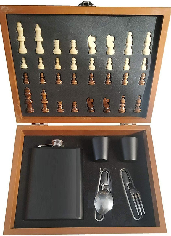MOSHTU Wooden Chess Box, 1 Hip Flask Black Matt 235 ml / 2 Shot Glass / 2 Spoon Set/ - Black Bar Set(Stainless Steel)