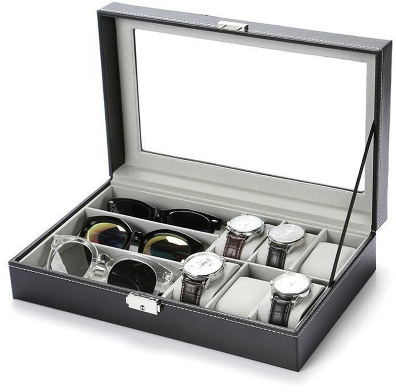 MFU Watch and Sunglasses Organizer Watch Box(Black, Holds 6 Watches)