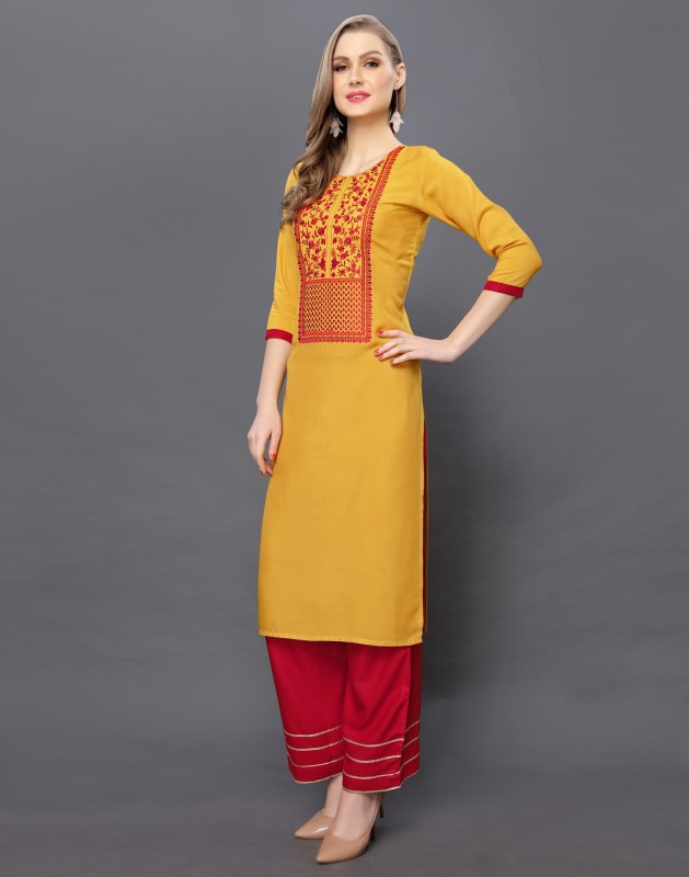 Saara Women Embroidered Straight Kurta(Red, Yellow)