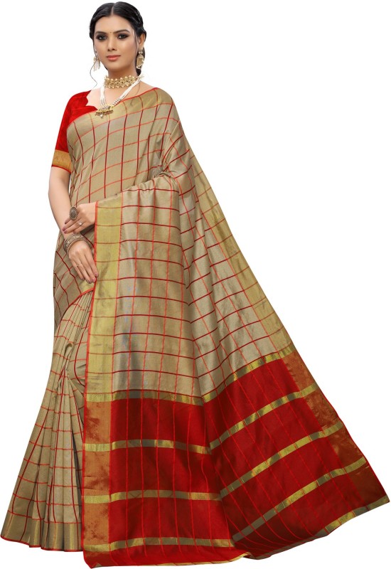 Saara Striped, Embellished, Woven, Checkered Chanderi Poly Silk, Cotton Silk Saree(Red, Beige)
