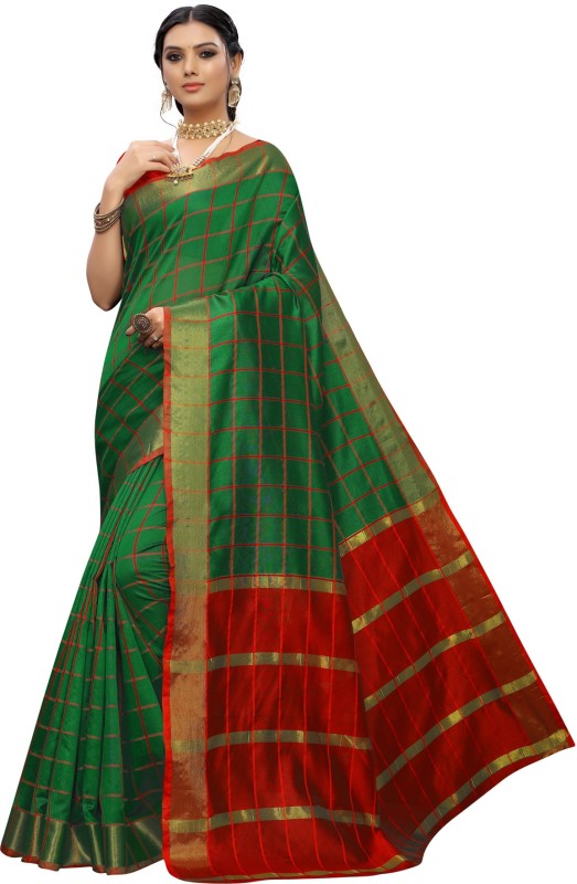 Saara Striped, Embellished, Woven, Checkered Chanderi Poly Silk, Cotton Silk Saree(Red, Green)