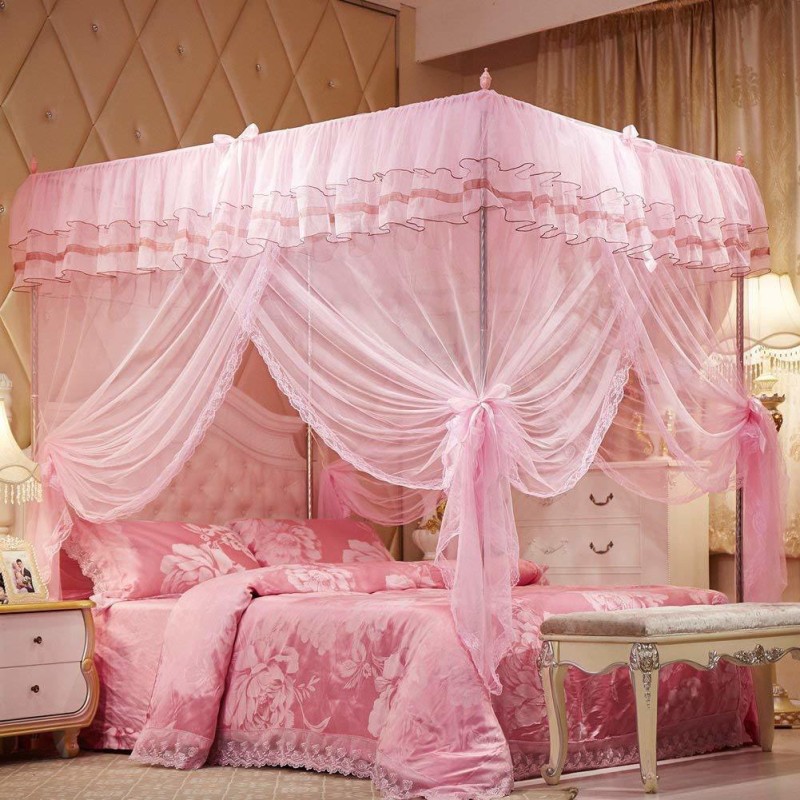 KANAHIYA TRADERS Polyester Adults Washable Pink 59"W*78"L*82"*H, 4 Corners Post Canopy Bed Curtain for Girls Boys & Adults, Princess Bedroom Decoration, Royal Luxurious Cozy Drape Netting, Cute Princess Bedroom Decoration Mosquito Net(Pink, Frame Hung)