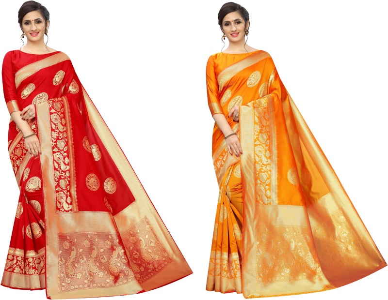 TWINLIGHT Woven Bollywood Silk Blend, Cotton Blend Saree(Pack of 2, Red, Yellow)