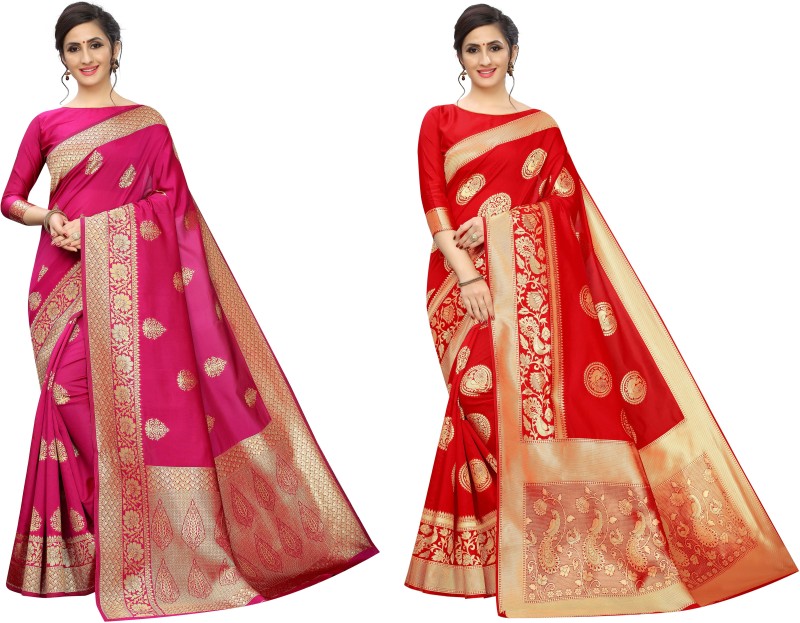 TWINLIGHT Woven Bollywood Silk Blend, Cotton Blend Saree(Pack of 2, Red, Pink)