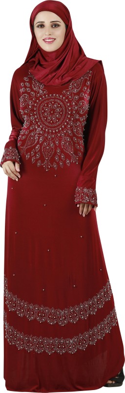Panache The Abaya Couture PC_177_1 Lycra Blend Solid Abaya With Hijab(Red)