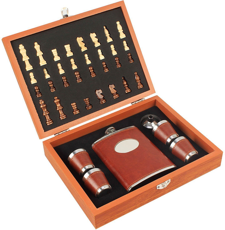 Xezon Wooden Chess Leather Hip Flask Set Stainless Steel Hip Flask(236 ml)