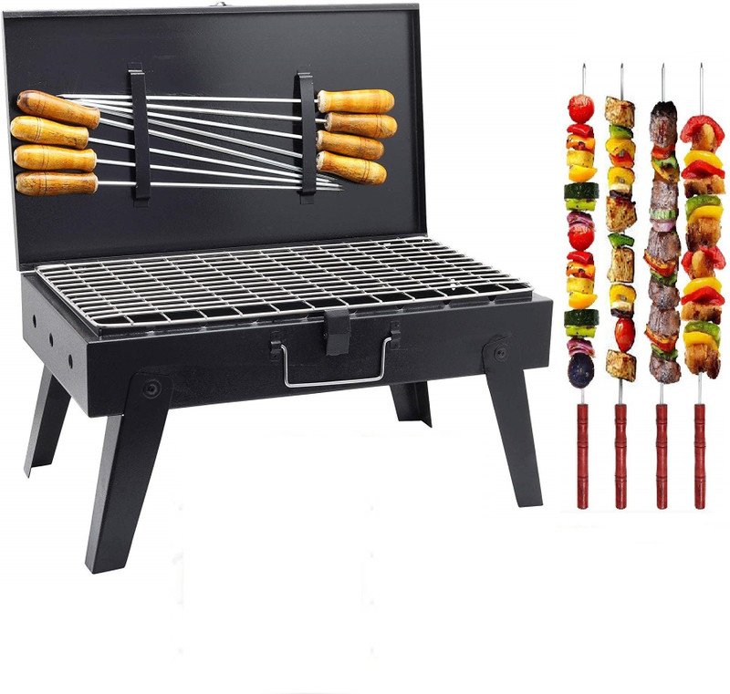 HOT BERG Charcoalbarbequebriefcasewith8woodenhandleskewers(black) Charcoal Grill