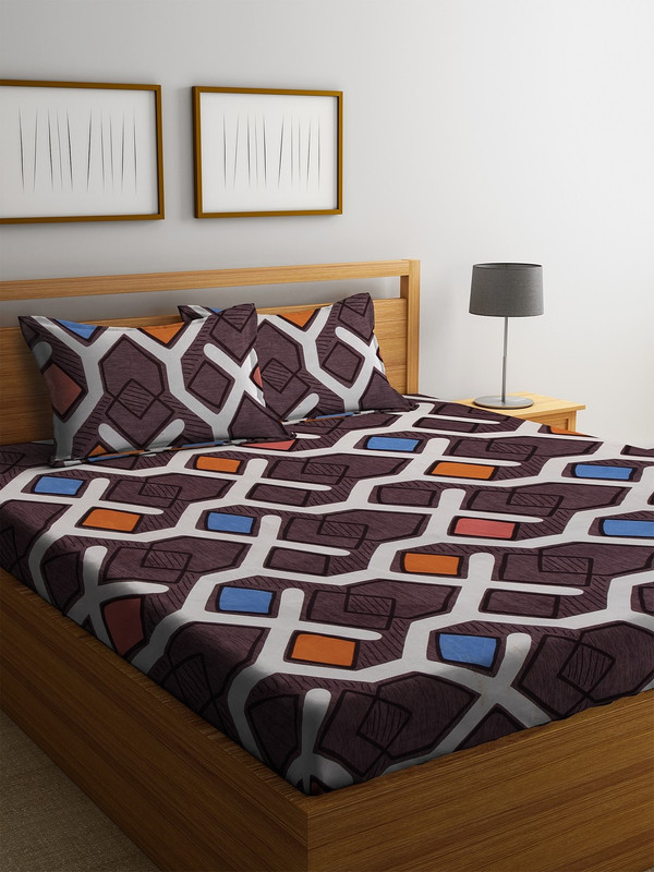 Cortina Cotton Double Flat 104 TC Geometric 1 Bedsheet with 2 Pillow Covers(Brown)