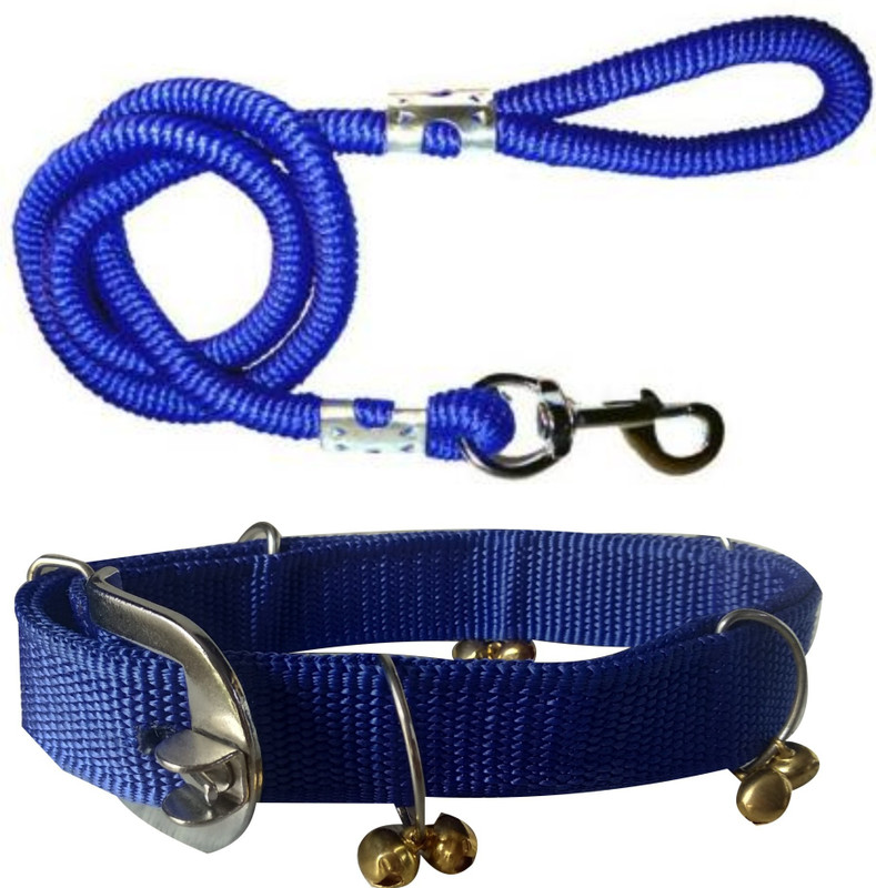 ADIOS Good Quality Dog Belt Combo of Blue Ghungroo Collar with Blue Leash 1.5m Lengthy Dog Collar & Leash(Medium, Blue)